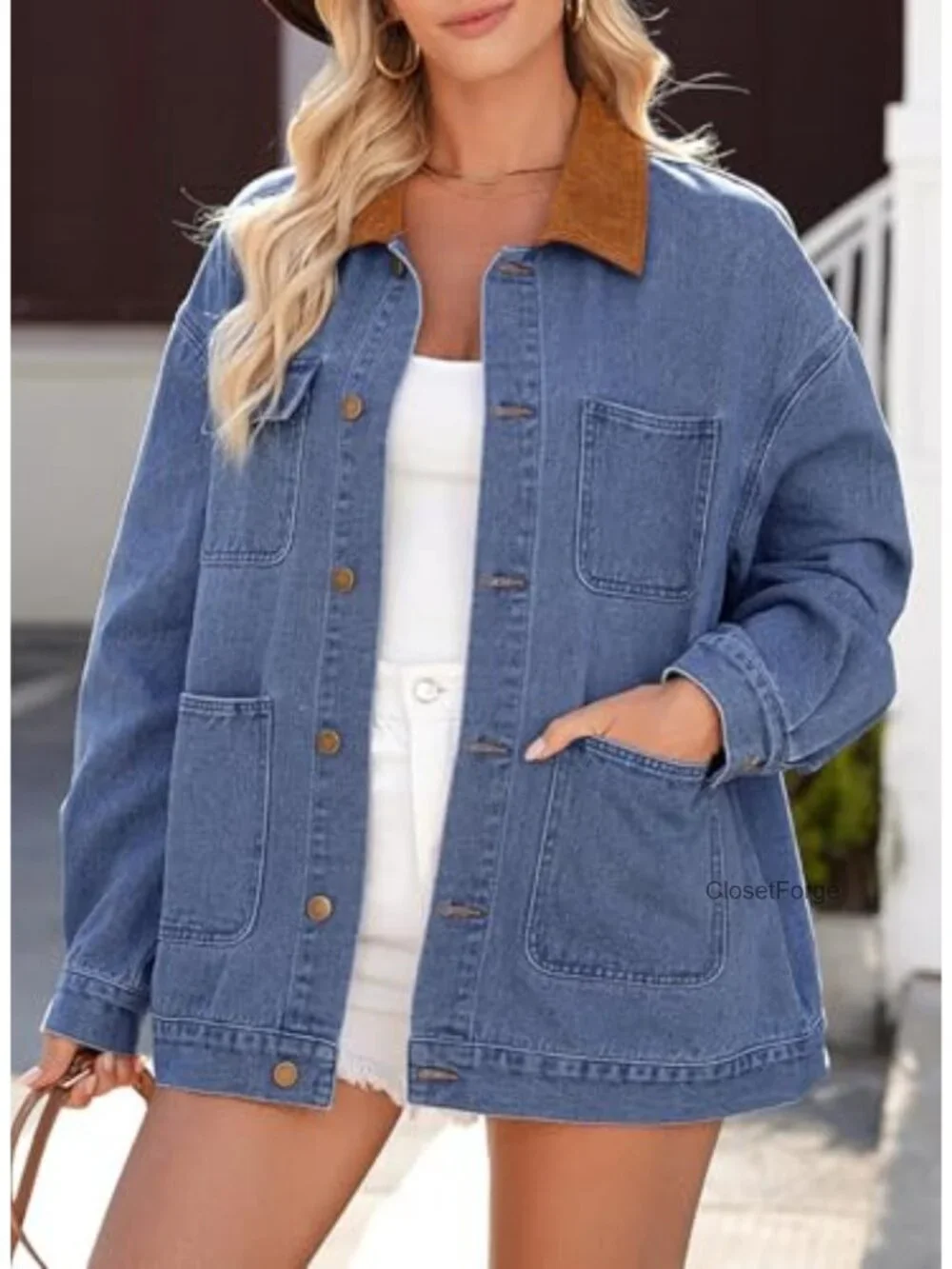 Denim Jacket Corduroy Collar Barn Jacket Oversized Long Sleeve Button Up